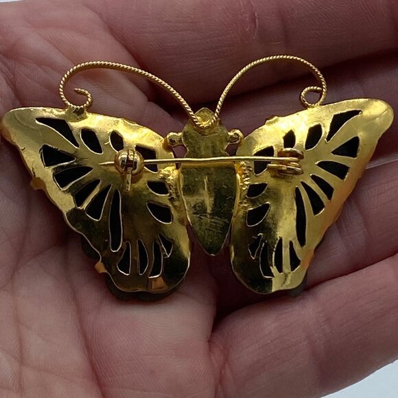Vintage Gilded Goldtone Butterfly Brooch Pin with Carved Jade Green Wings Large - Picture 7 of 12